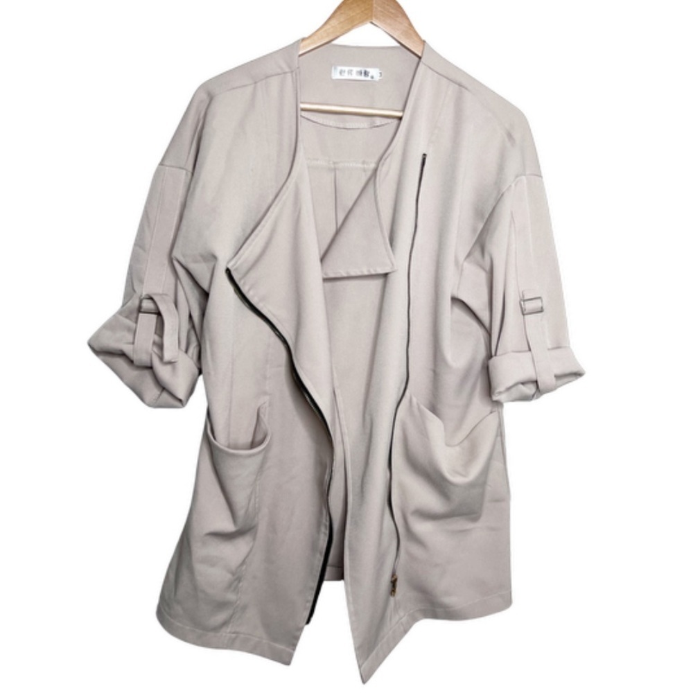 Womens Asymmetrical Zip‎ Jacket Draped Collar Rolled Sleeve Beige Size MM